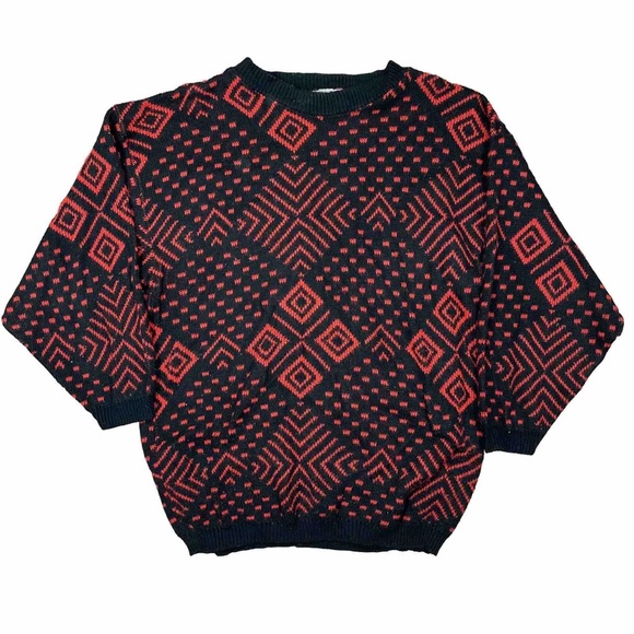 Vintage 80s Brunny Abstract Geometric Pull Over Black Red Sweater USA Made Large - Picture 1 of 9